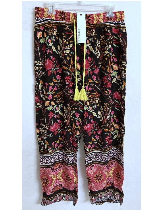 Paparazzi Pants - Paparazzi Black Pink Floral Bohemian Silky Viscose Wide Leg Pants Size XL NWT